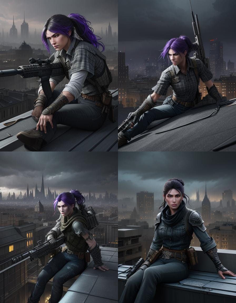 Rooftop Marksman: Zena in a Cinematic Cityscape