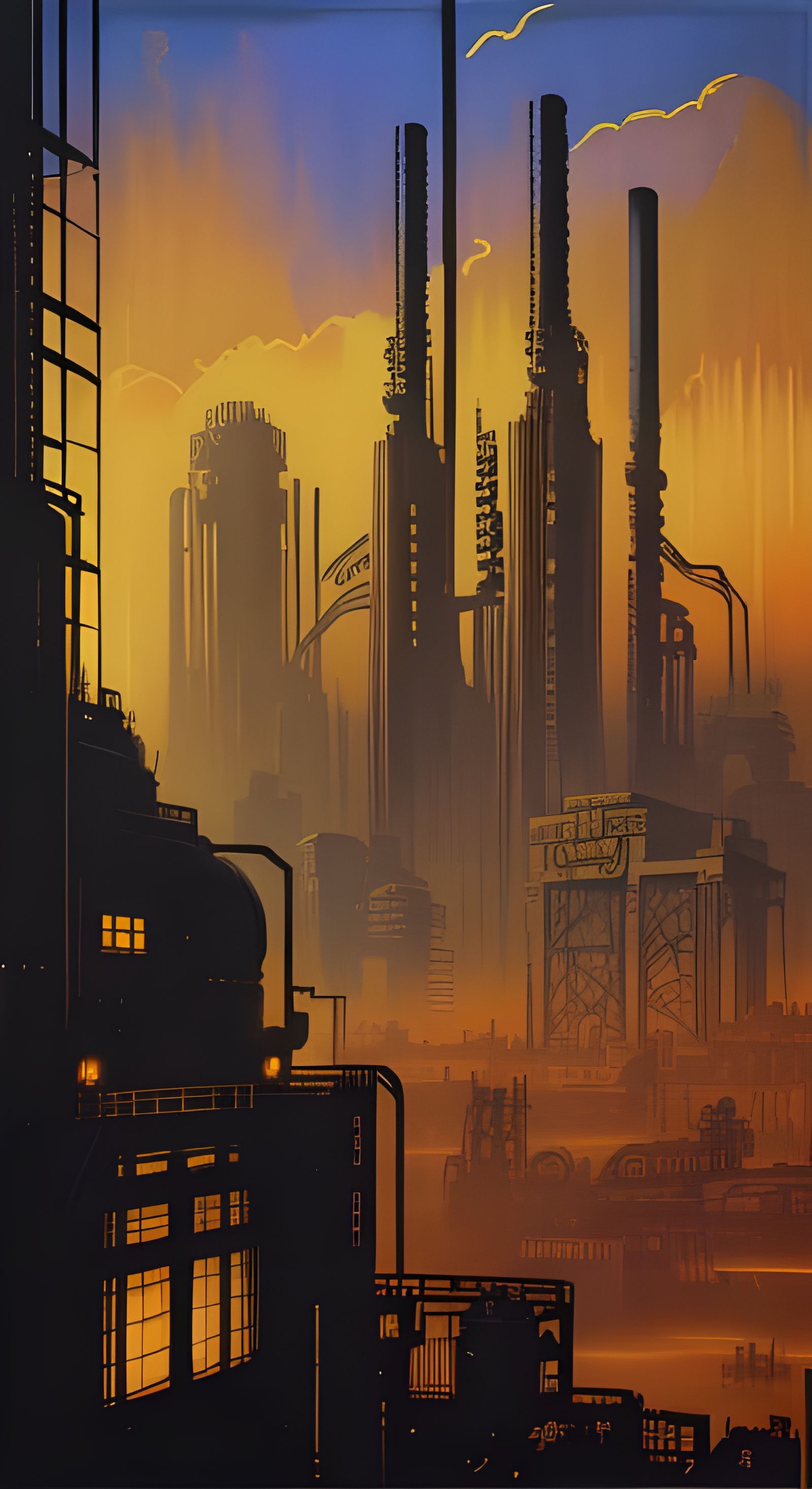 Golden Cityscapes in Art Deco Dieselpunk Style