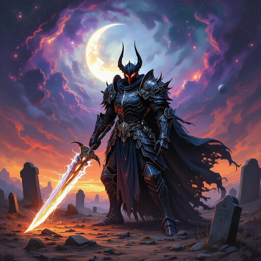 Demonic Knight in Cosmic Gothic Landscape