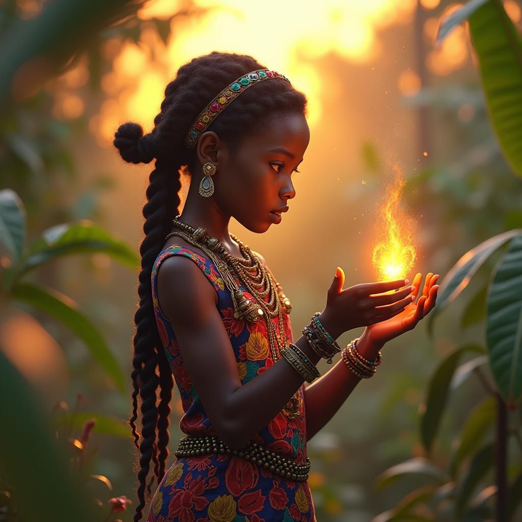 Young African Girl Conjuring Magic at Sunset