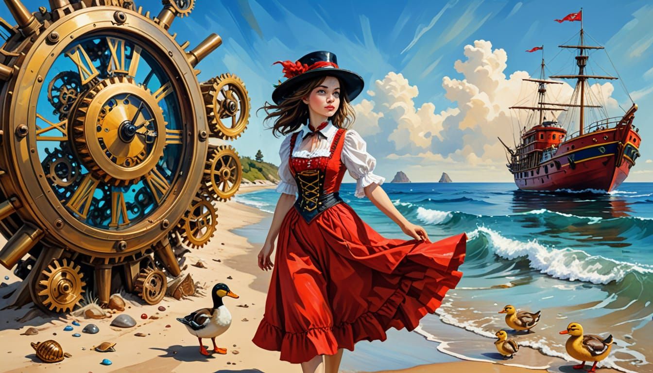 Time Travel Beach Collision in Steampunk Oil Painting