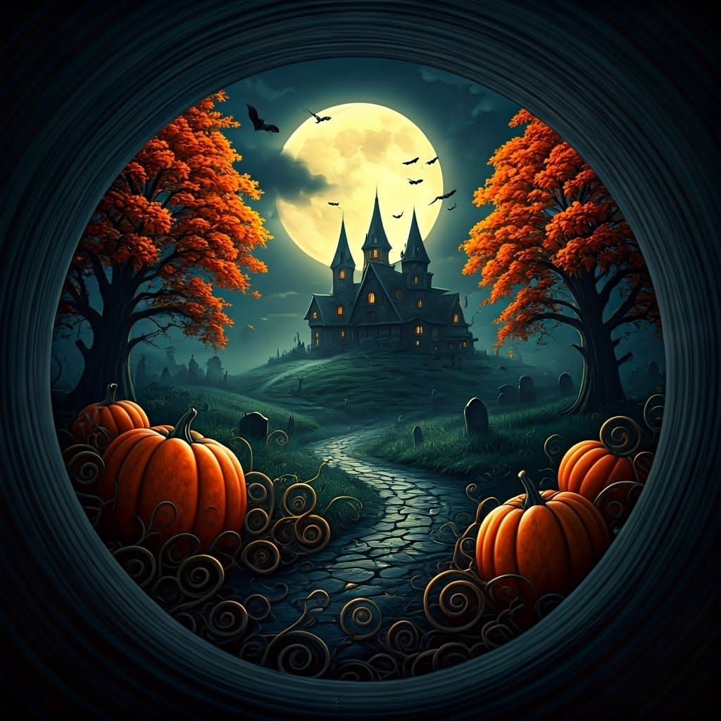 Eerie Autumn Village Scene with Gothic Houses
