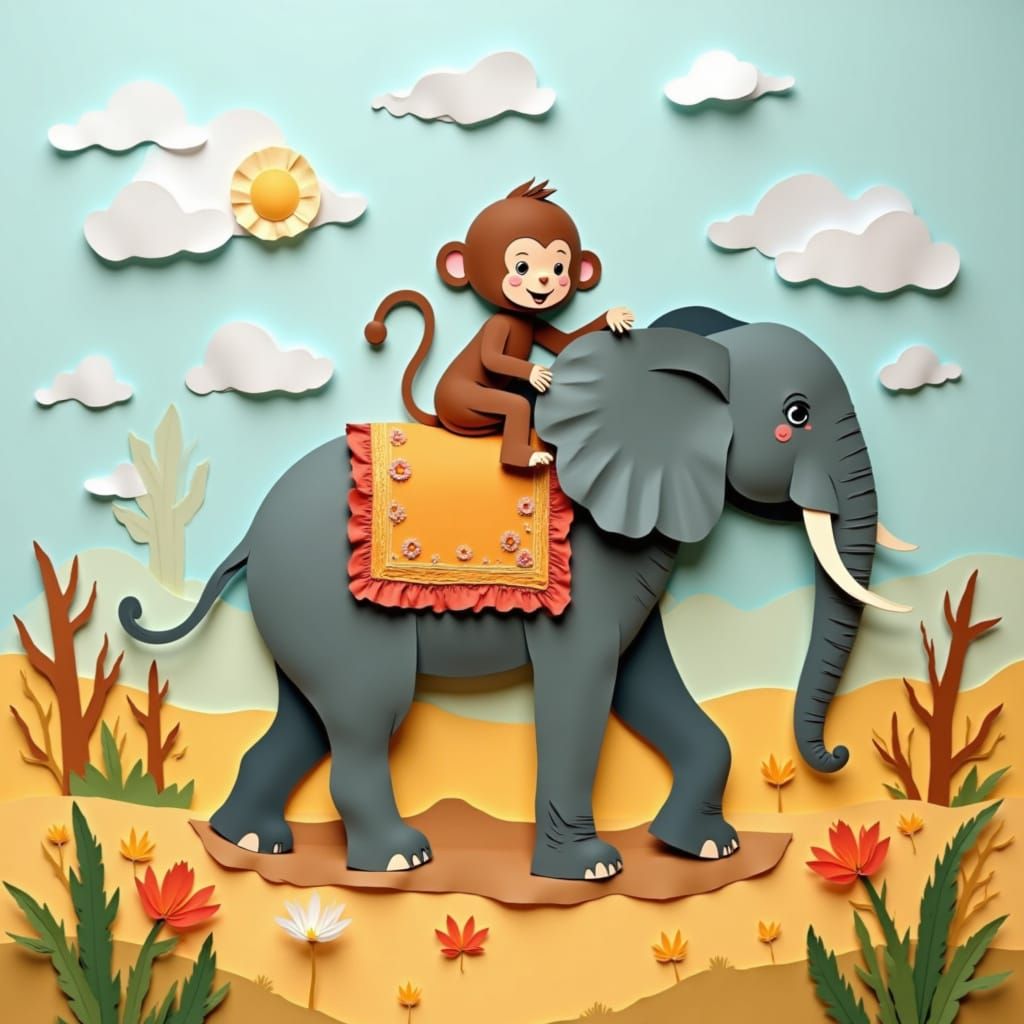 Monkey Rides Elephant: Cut Paper Style Savannah Adventure
