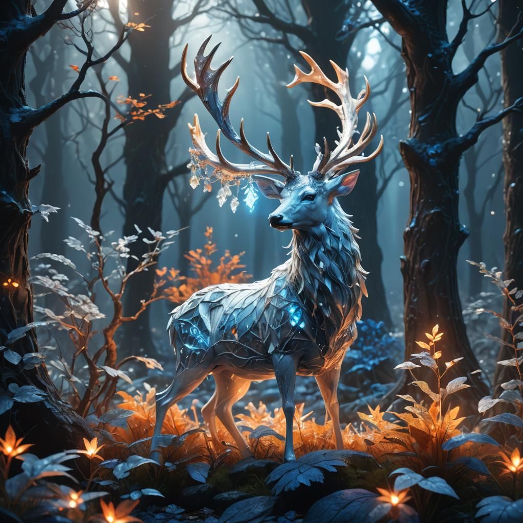 Glowing Crystal Stag in Mystical Forest Concept Art