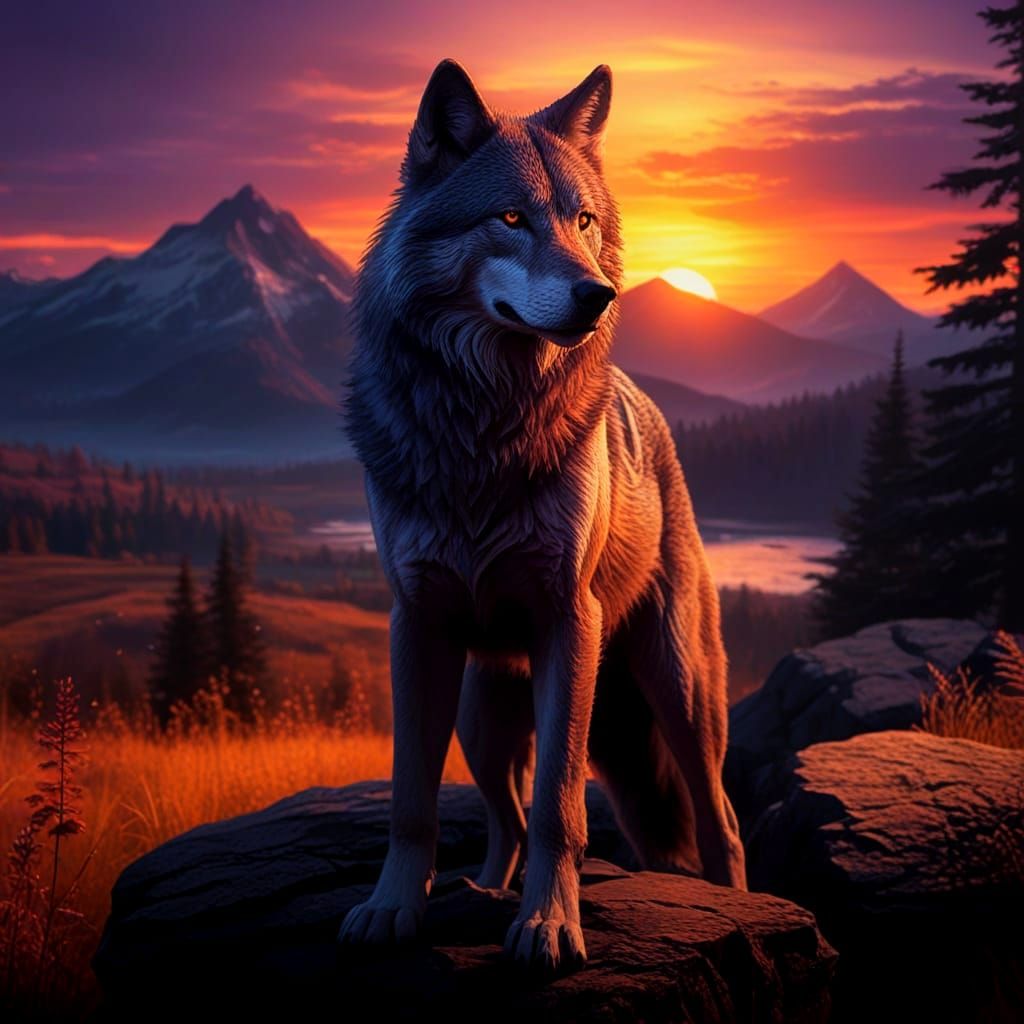 Majestic Wolf Under Purple Sunset Sky