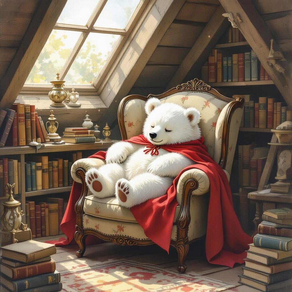 Bear Sleeps in Cozy Art Nouveau Attic Library