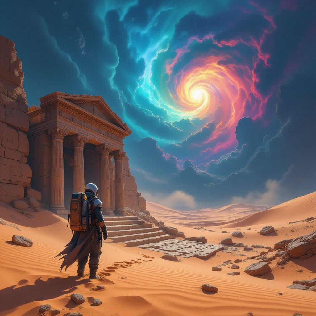 Explorer Finds Ancient Library in Alien Desert Nebula Sky