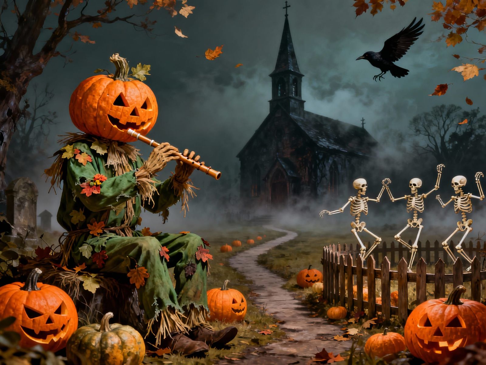 Whimsical Scarecrow Plays Flute in Eerie Halloween Scene