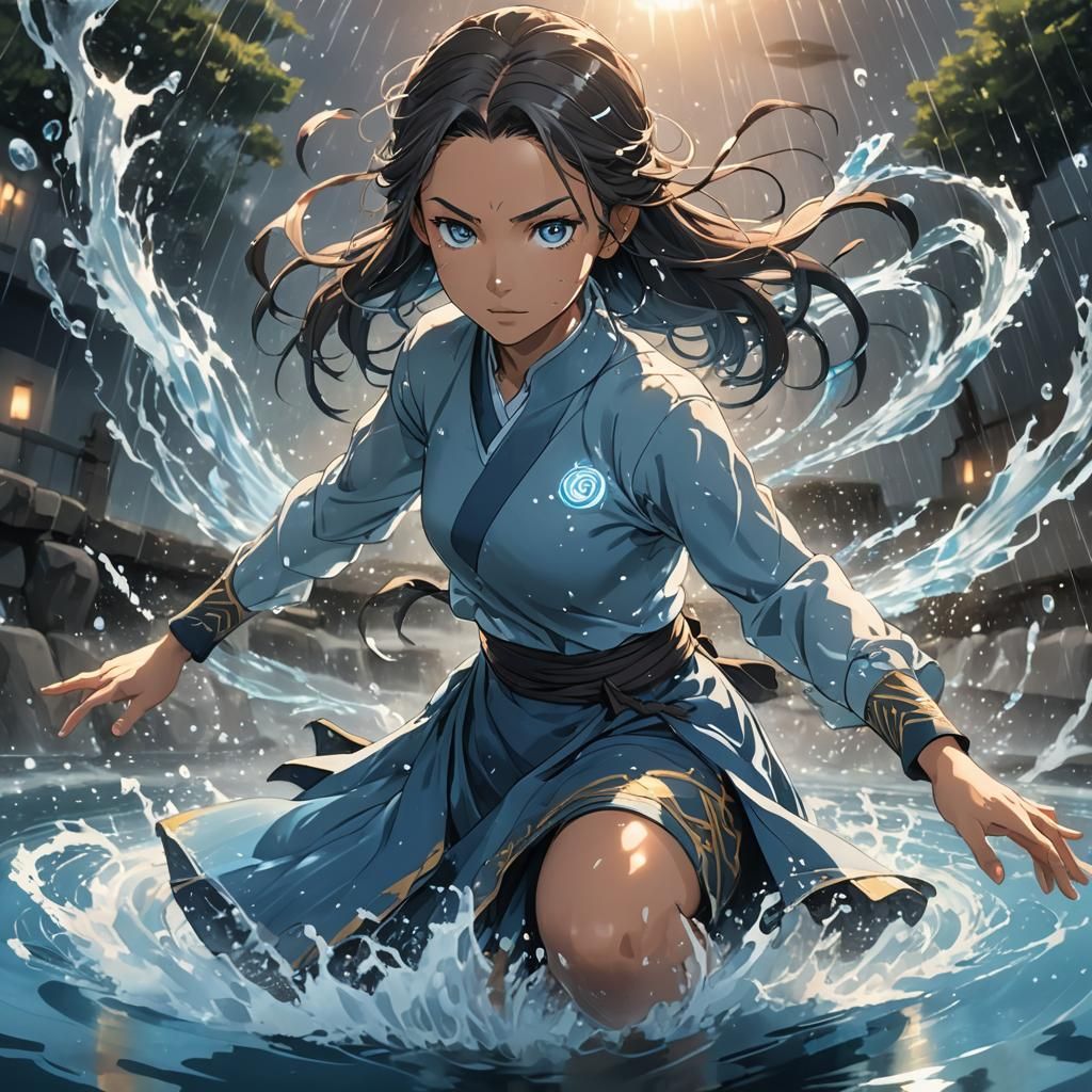 Anime Waterbender in Action-Packed Digital Art