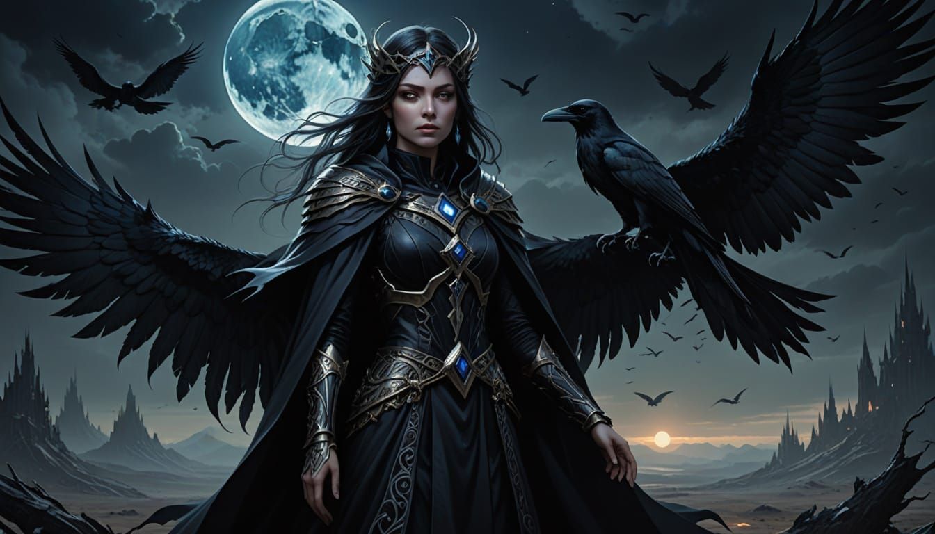 Dark Magician Lady with Raven Wings in Desolate Landscape