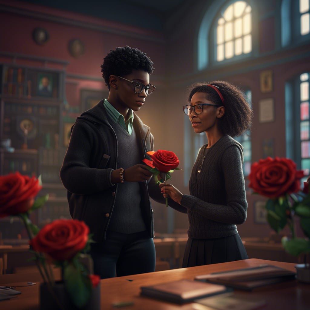 Student Offering Rose to Teacher in Colorful 3D Render