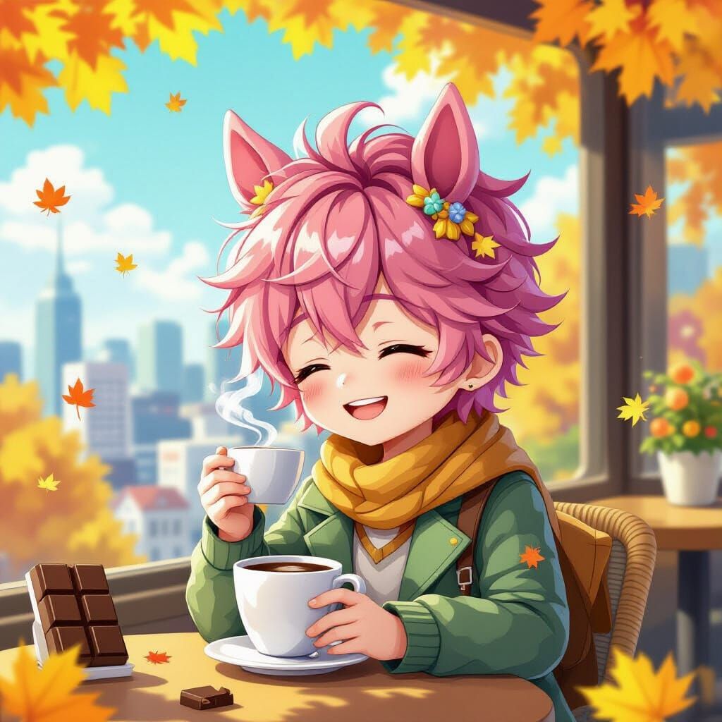 Anime Boy with Pink Hair and Horse Ears in Autumn Cafe