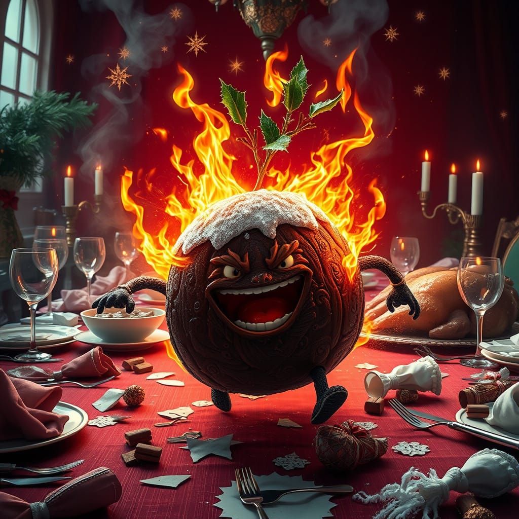 An anthropomorphic Christmas pudding on fire and running away from the dinner table