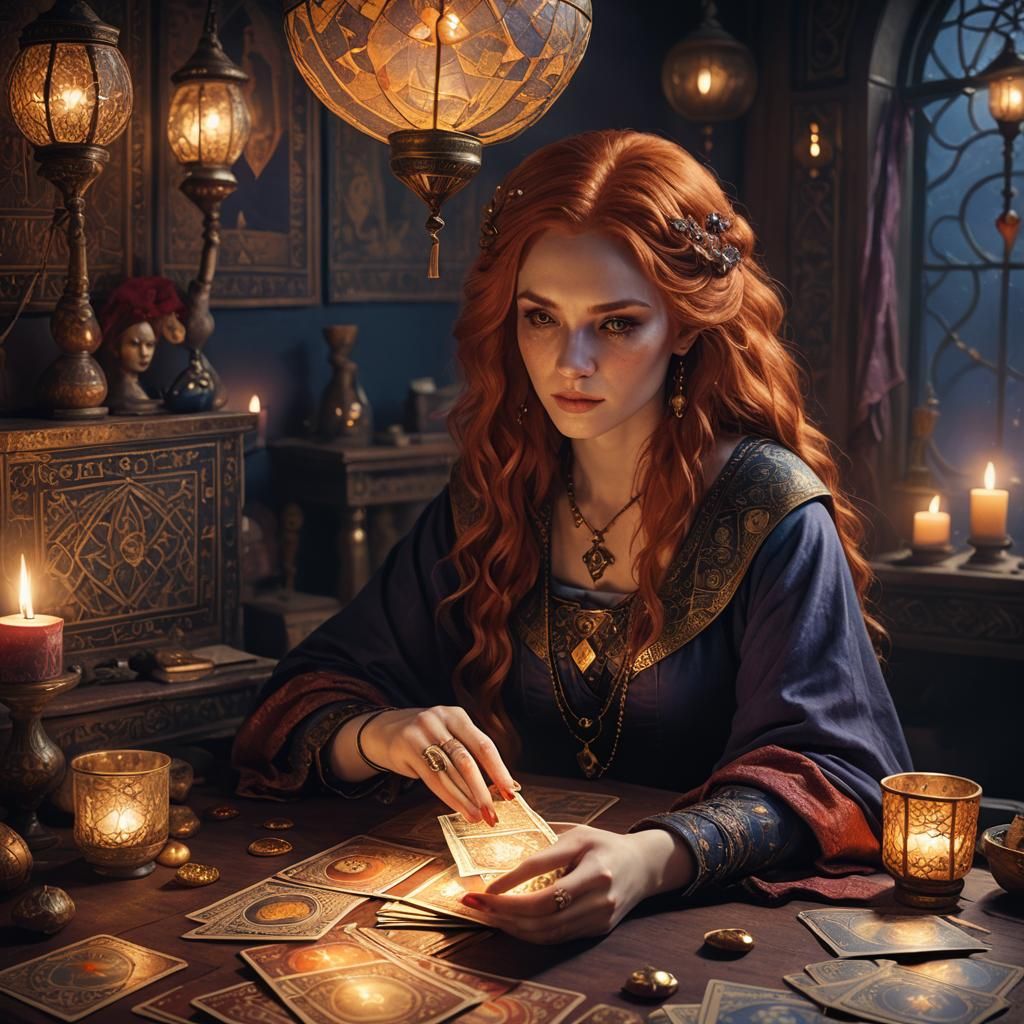 Red-Haired Fortune Teller in Cozy Candlelight Setting