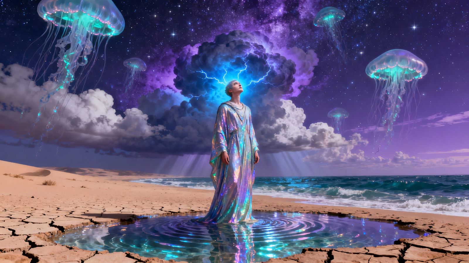 Surreal Dreamscape with Lone Figure Under Cosmic Sky