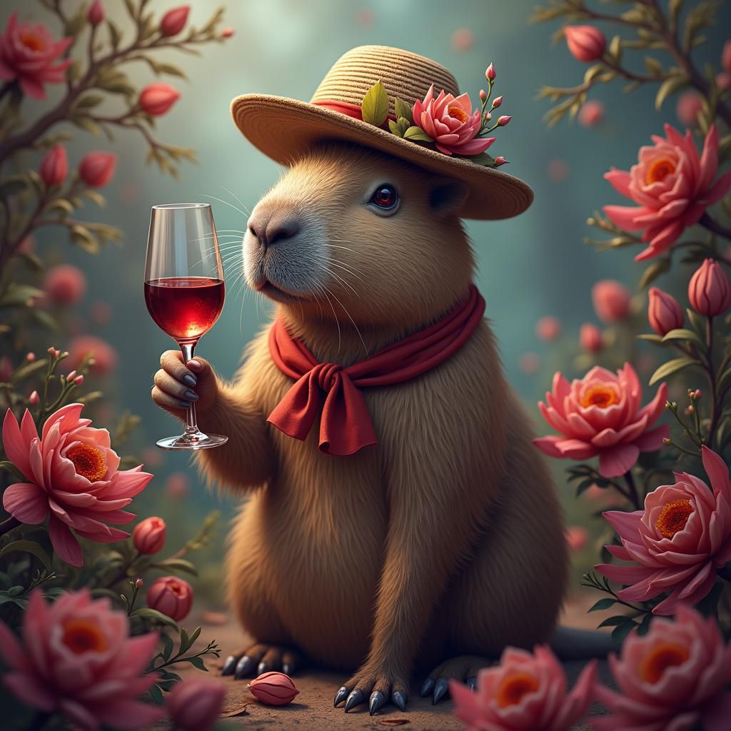 Capybara with Wine in Dreamlike Setting