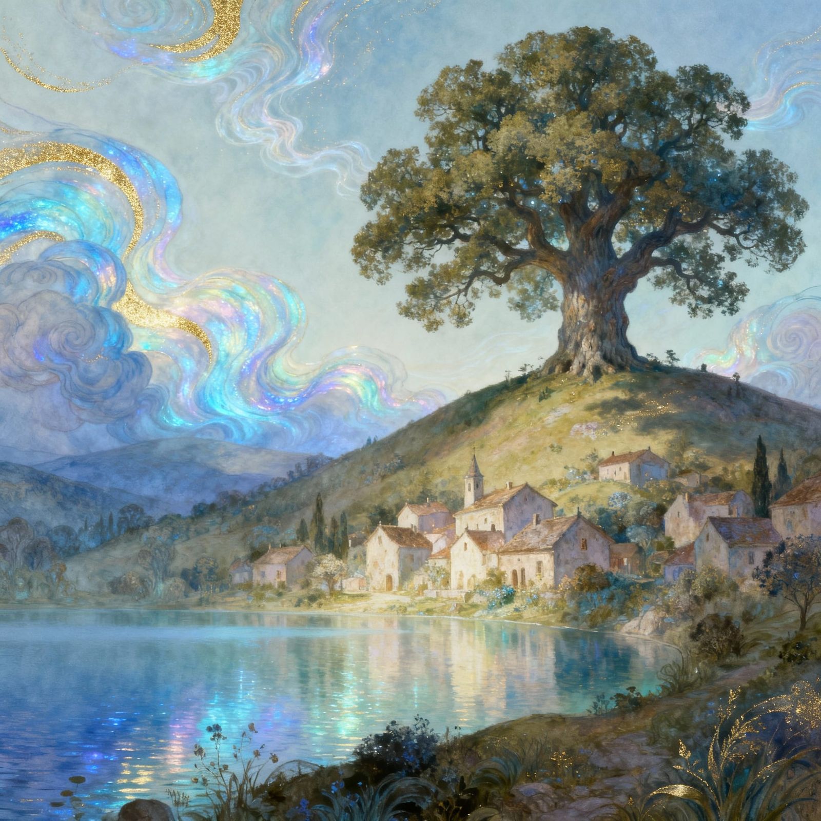 Dreamlike Village by Shimmering Lake with Ancient Oak