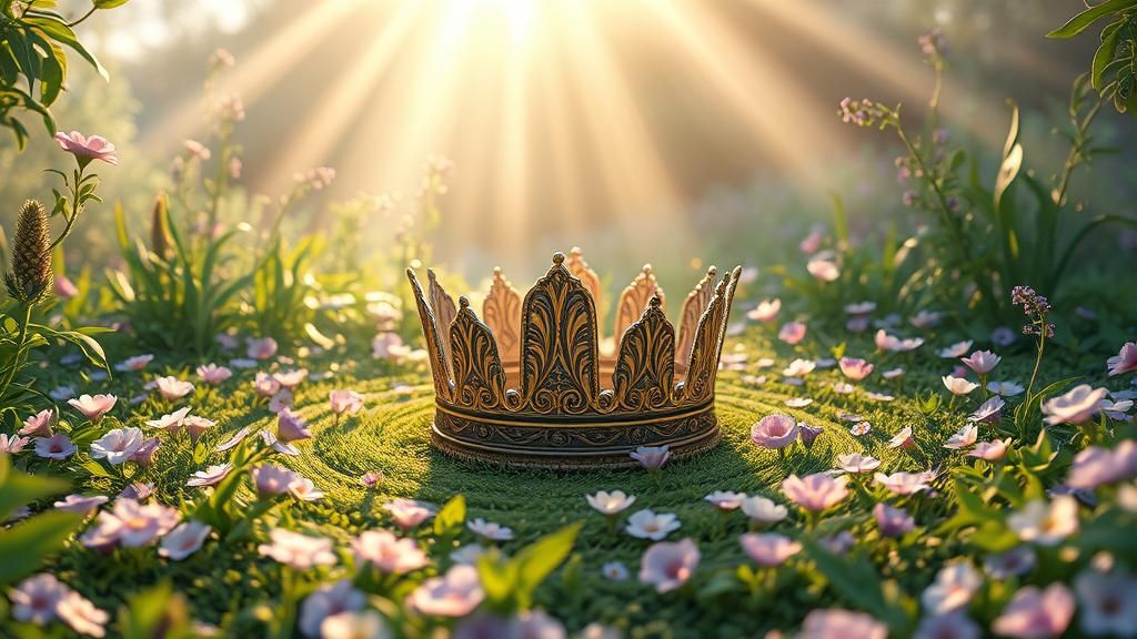 Enchanted Wildflower Garden with Ancient Crown in Anime Styl...