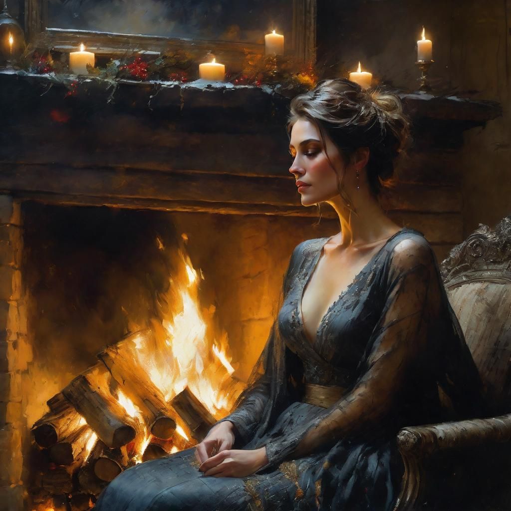Woman Gazing into Fireplace as Matte Painting