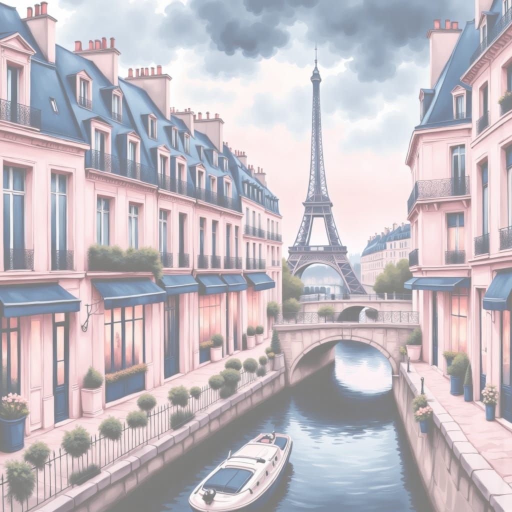 <lora:France Style:1.0>Create a Close up Clean Oil Ink Airbrush Isolated French Scene of a Boat on River, France Style, ...