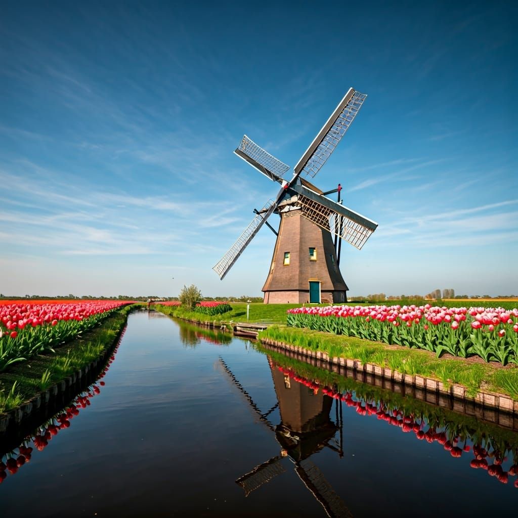 Picturesque Dutch Windmill in Springtime Field