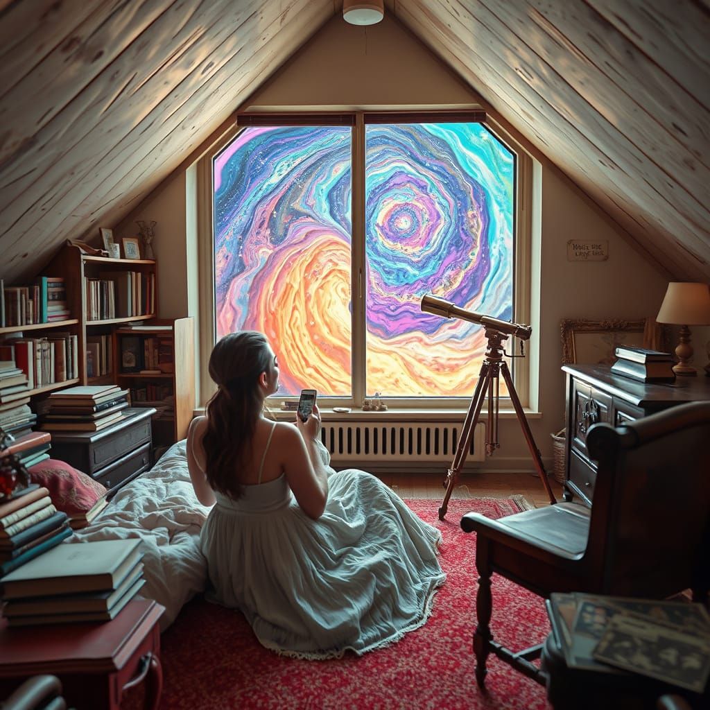Cozy Attic Room with Galaxy View as Surrealist Dreamscape