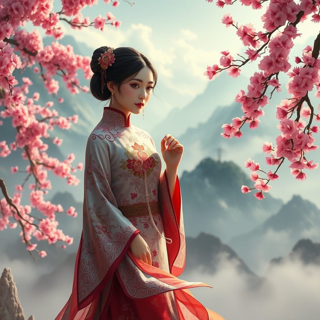 Elegant Asian Woman in Whimsical Cherry Blossom Landscape