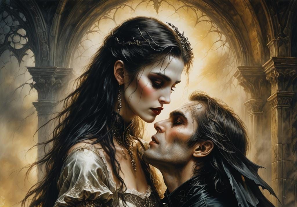 Vampire Couple Embrace: Oil Painting in Luis Royo Style