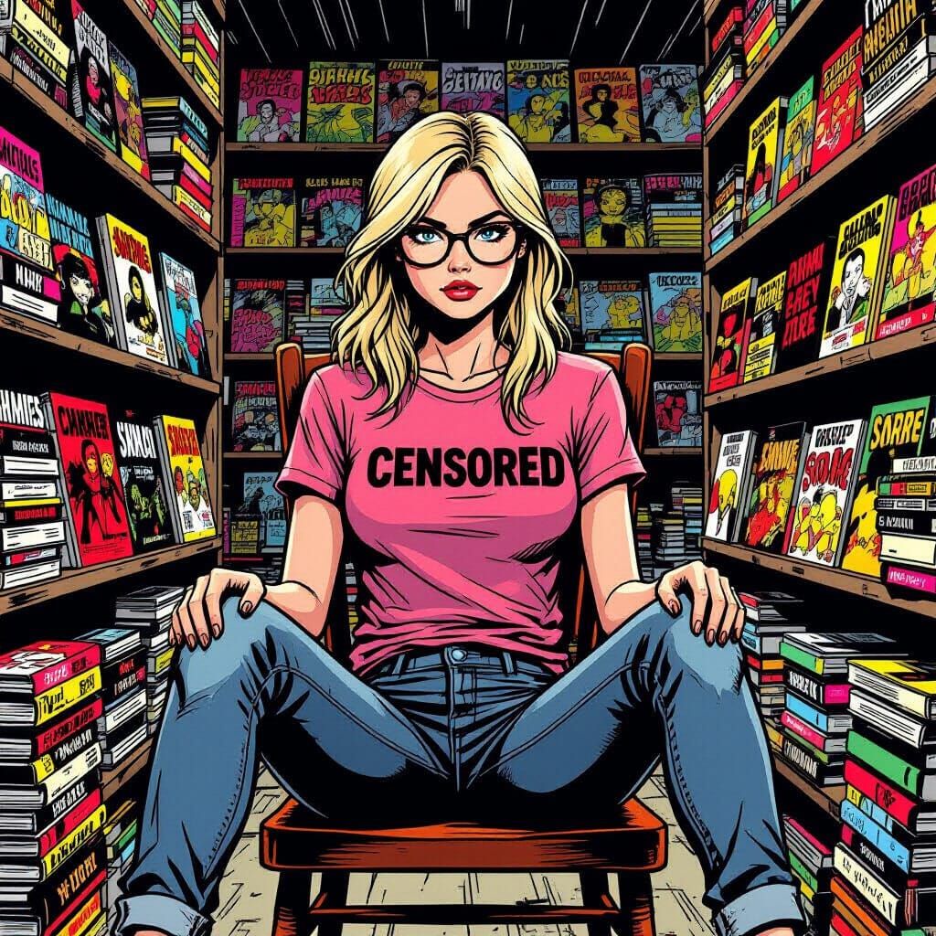 Nerdy Woman in Comic Book Store, Dramatic Lighting