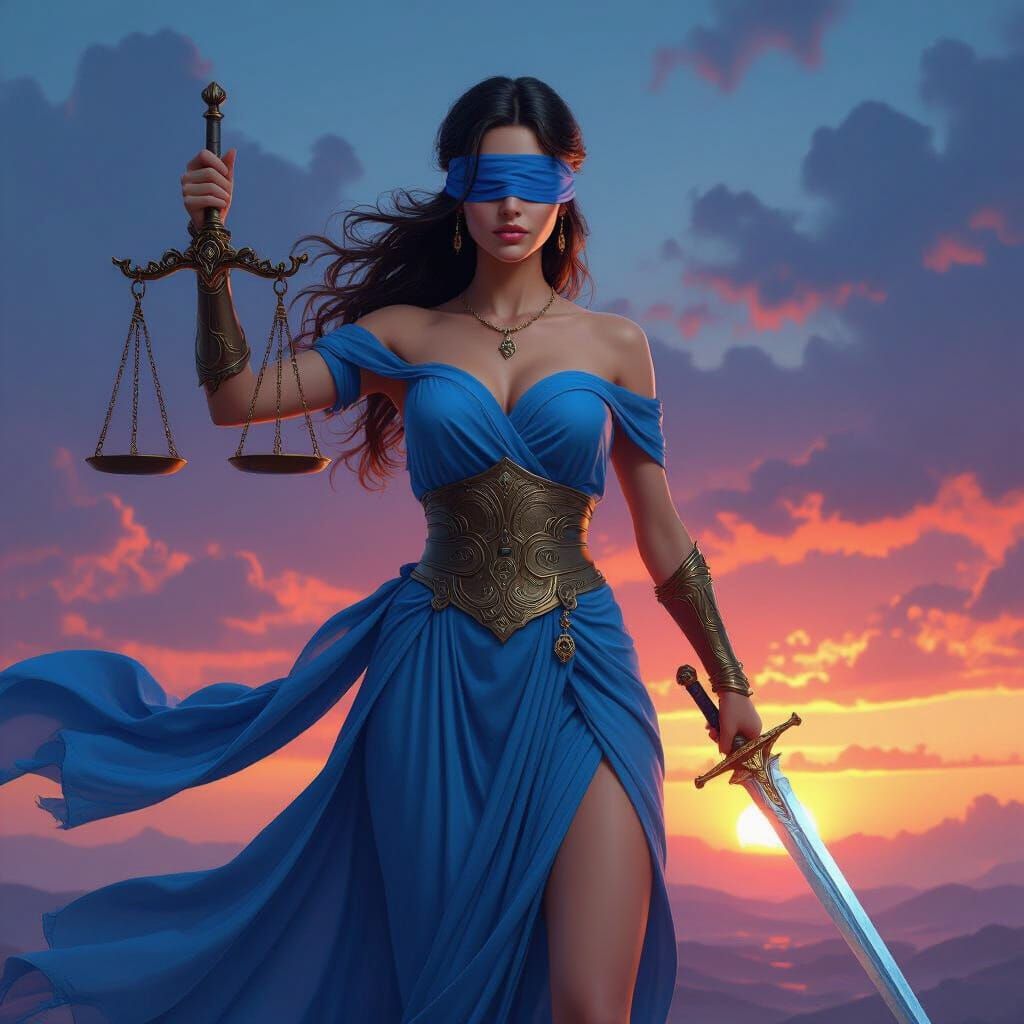 Blindfolded Woman with Scales and Sword at Sunset
