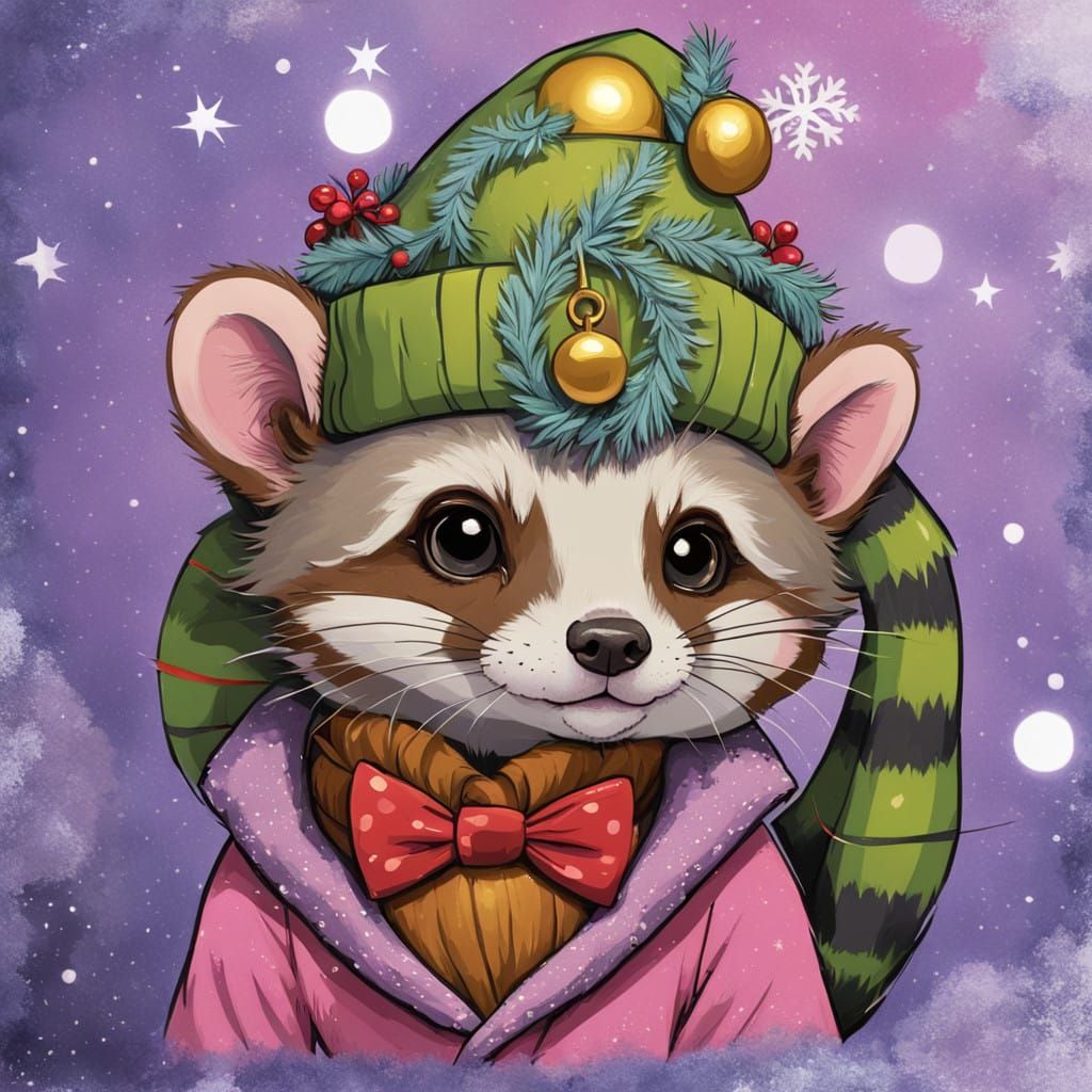 Whimsical Ferret Character in Festive Fantasy Setting