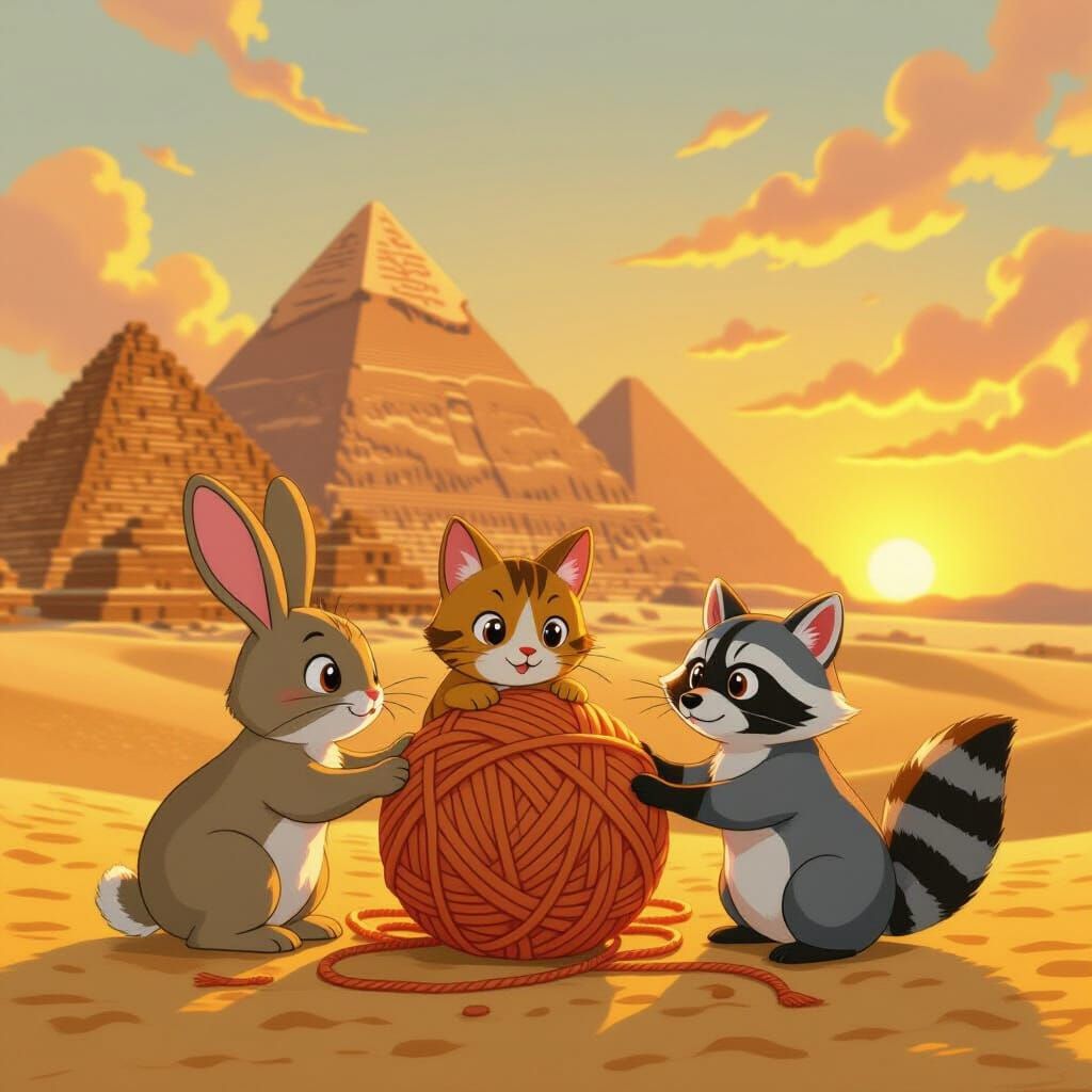 Cute Animals Play With Yarn by Pyramids in Ghibli Style
