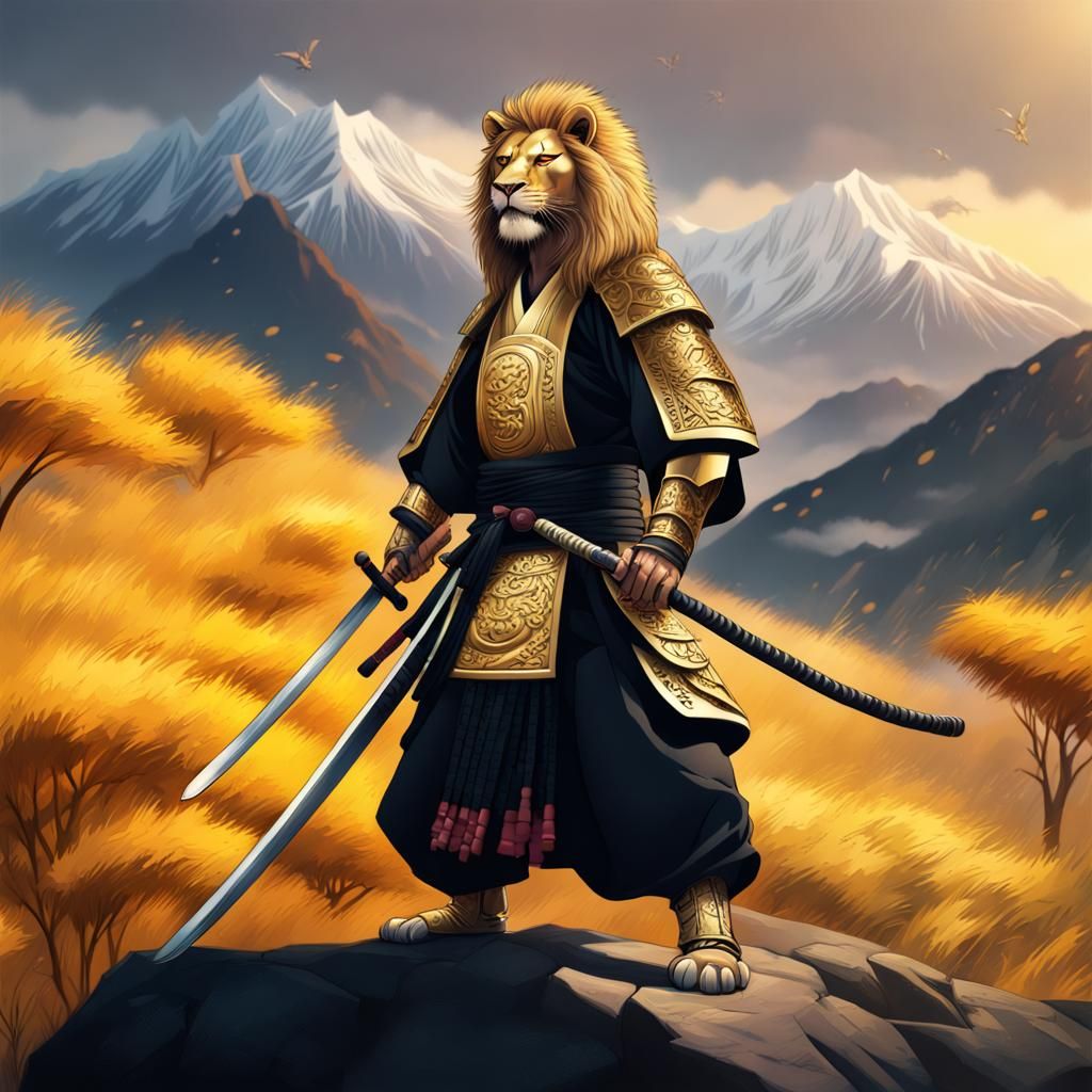 Golden Armored Samurai with Katana in Splash Art