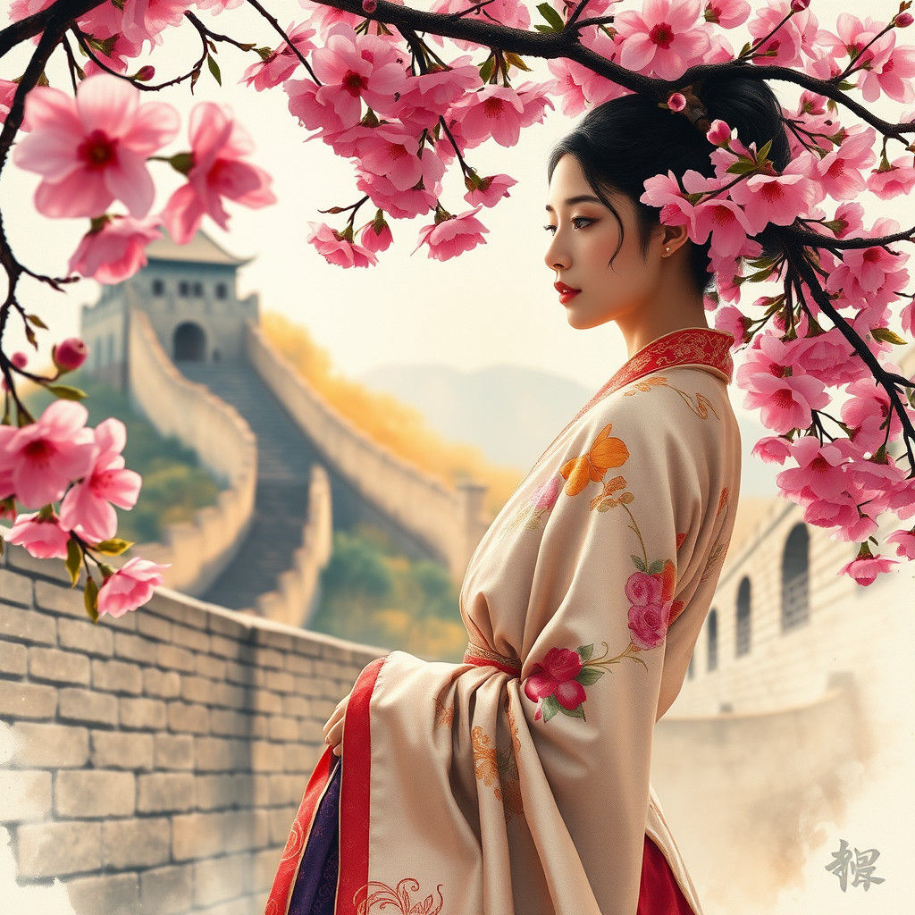 Chinese Maiden and Plum Blossoms at Great Wall