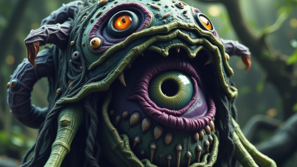 <lora:MOON FLUX:1.0> <lora:Yarn Monsters:1.0> medium close-up of an humanoid clothed alien in an alien city getting over...