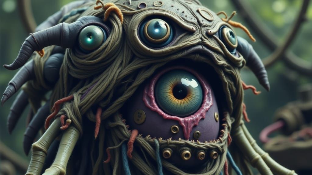 <lora:MOON FLUX:1.0> <lora:Yarn Monsters:1.0> medium close-u...