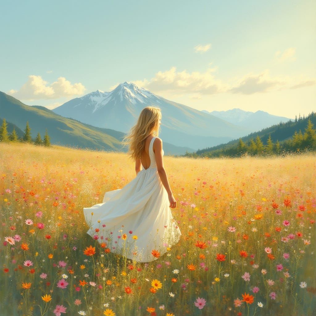 Woman in Wildflower Field: Impressionist Oil Painting