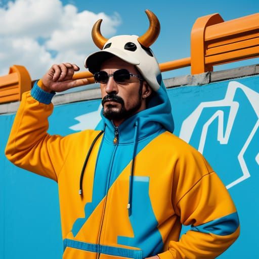 Anthropomorphic Cow in Fluorescent Tracksuit, Urban Graffiti