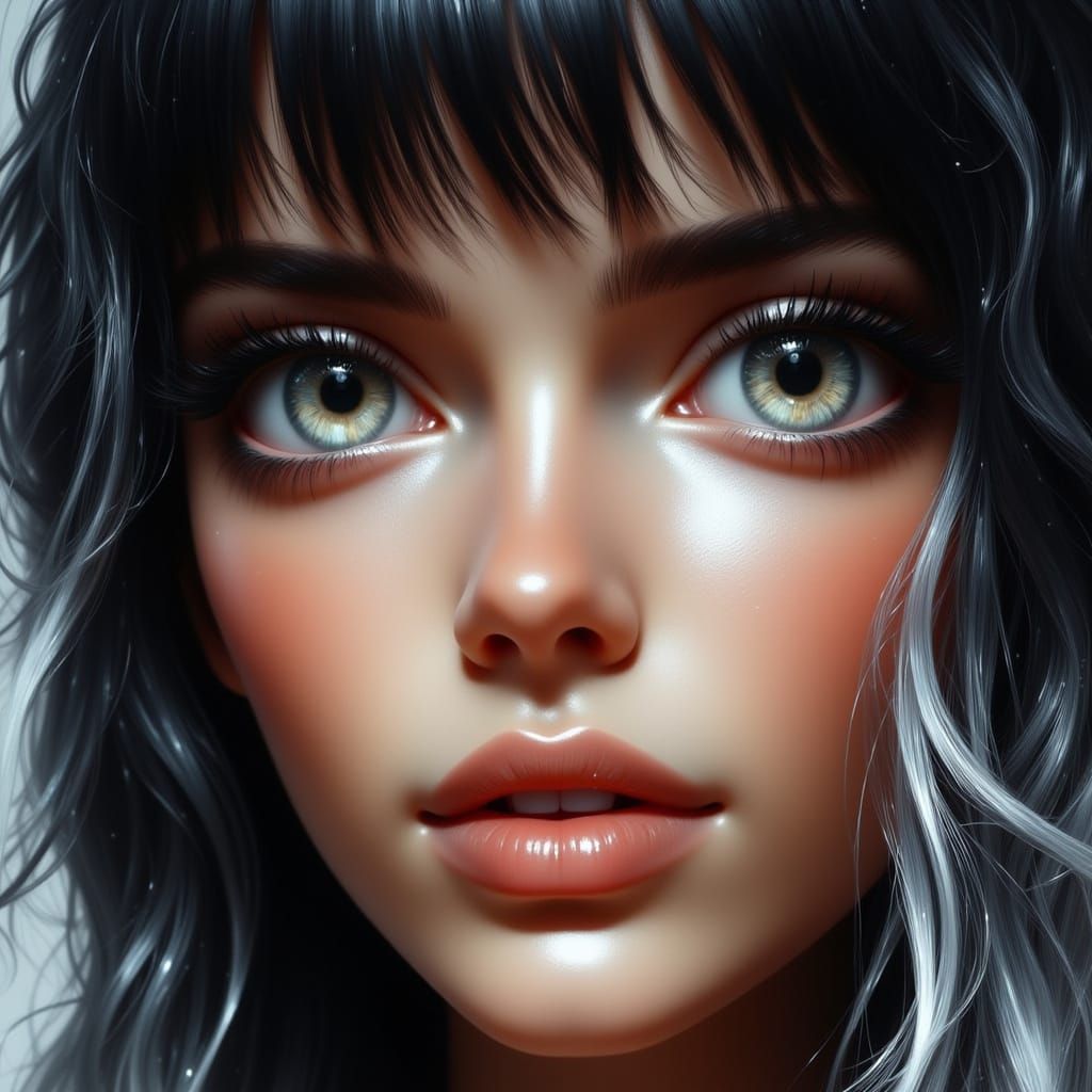 Close-Up Portrait of Woman with Big Eyes and Black and White...