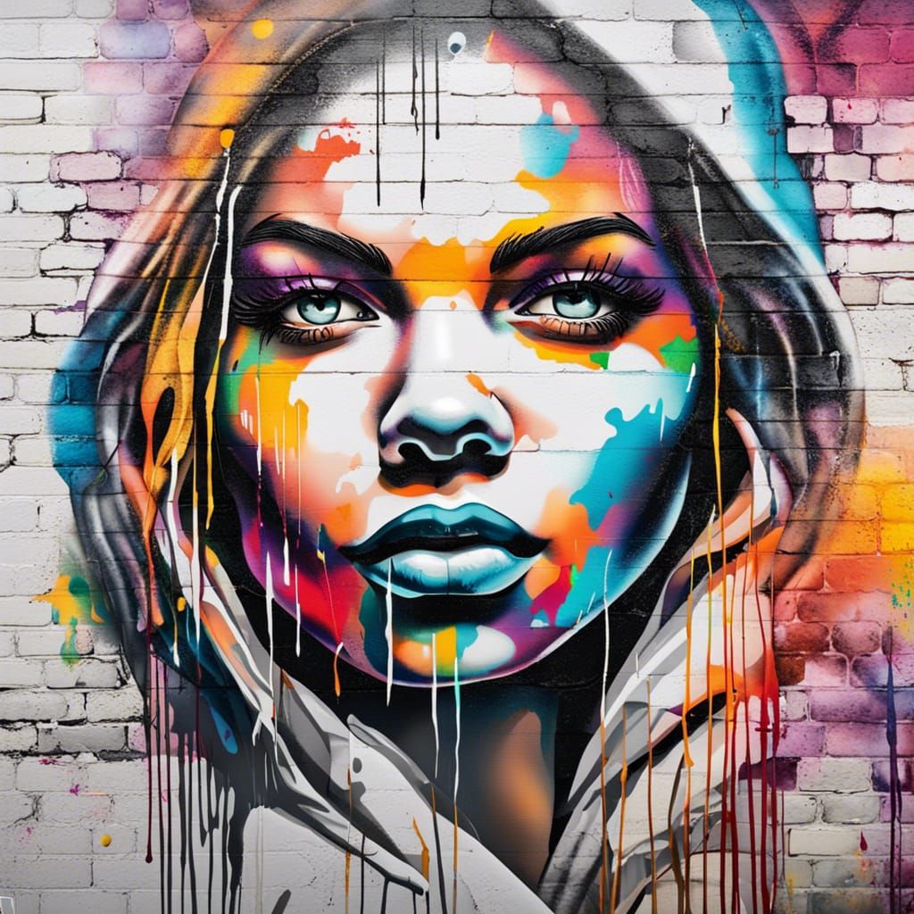 Woman Graffiti Art on White Brick Wall