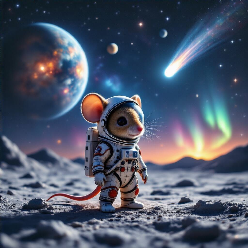 Chibi Mouse in Spacesuit on Moon Surface