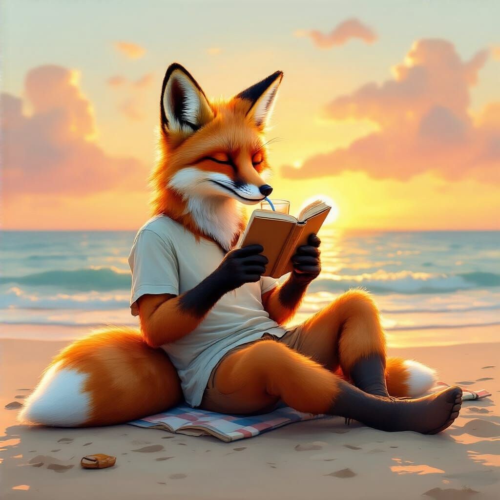 Relaxed Fox on Beach in Whimsical Style
