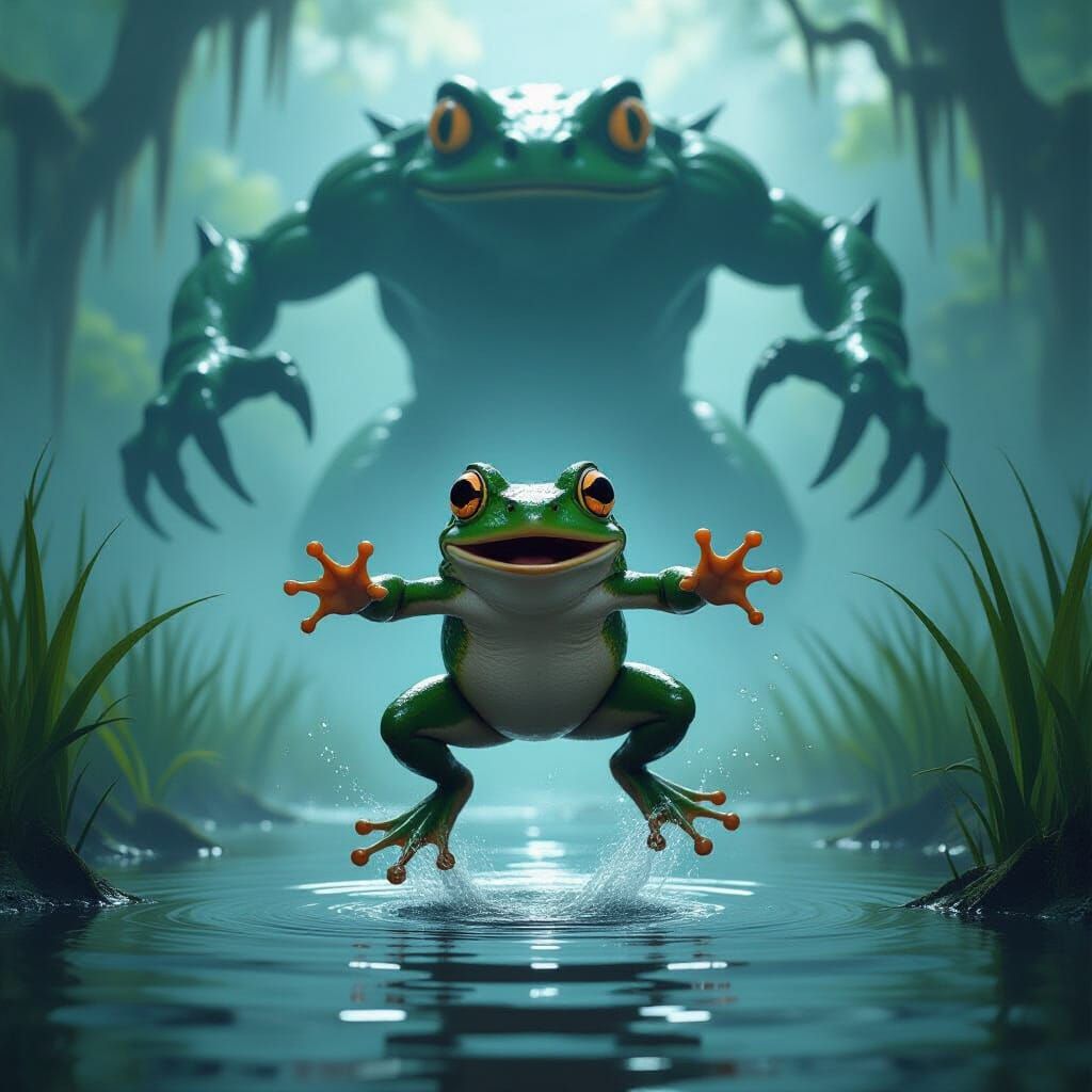 Frog's Terror: Shadow Looms in Misty Swamp