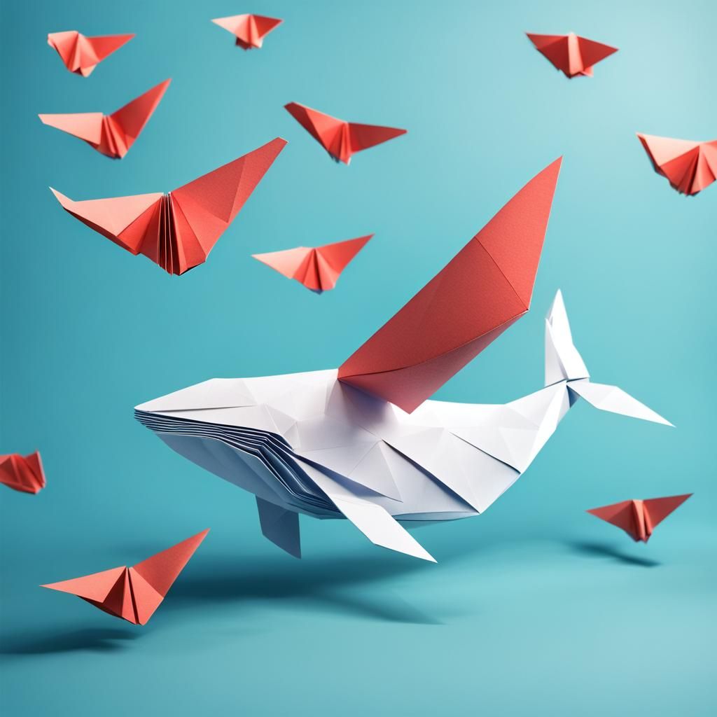 Flying Origami Whale Papercraft Soaring in Sky