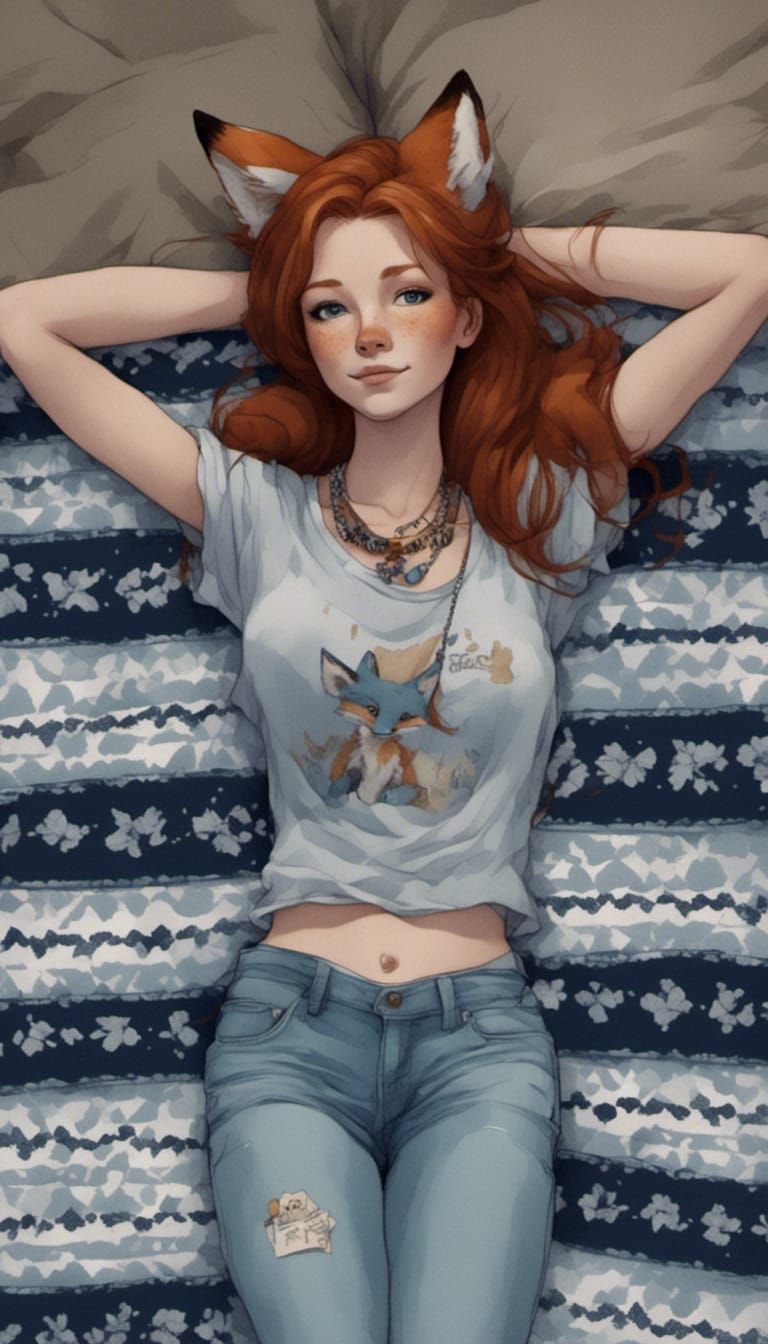 Adorable Fox-girl VIXEN lying on her bed.