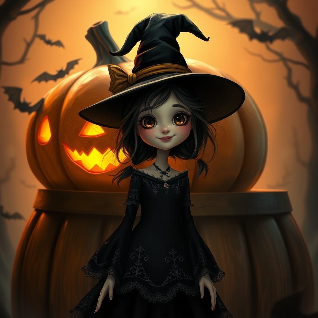 Playful Young Witch in Spooky Halloween Scene