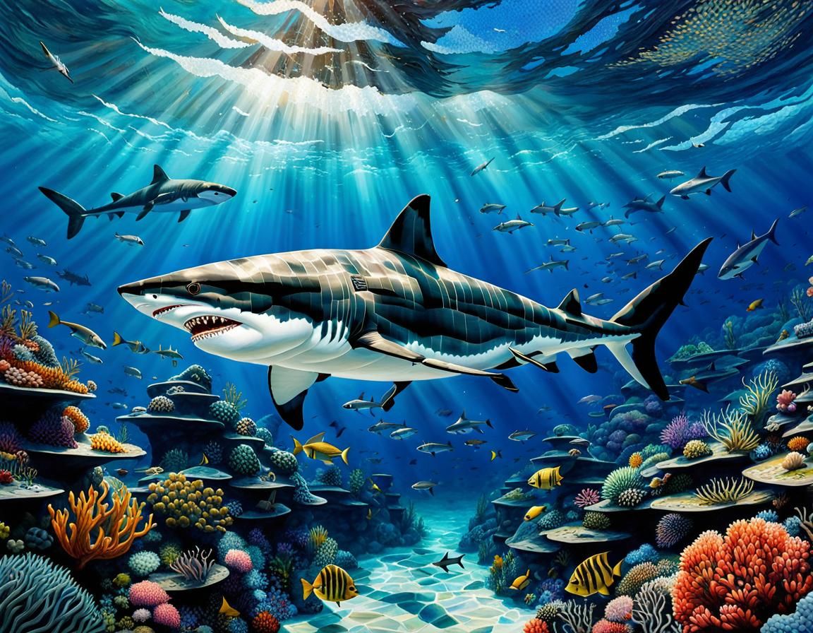 A mosaic tile picture of a great white and a megalodon underwater