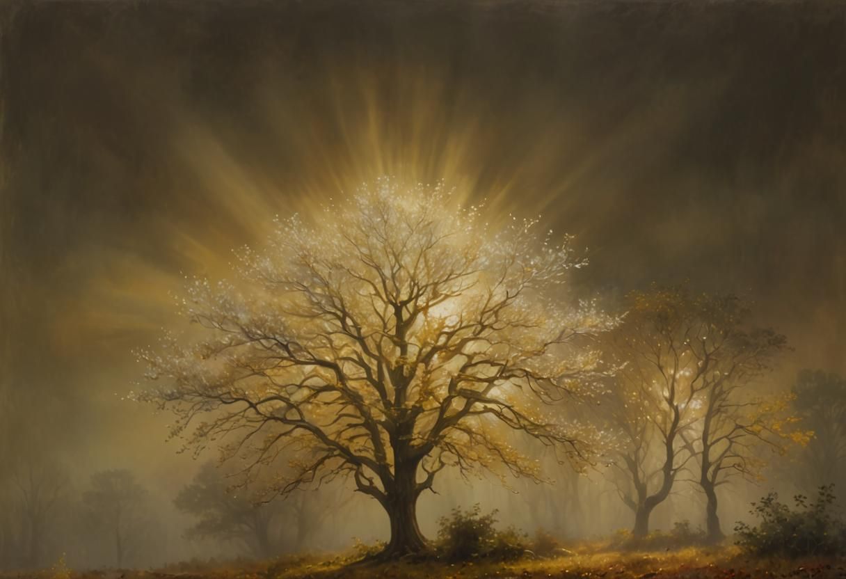 Golden Tree in Misty Forest: Impressionist Style