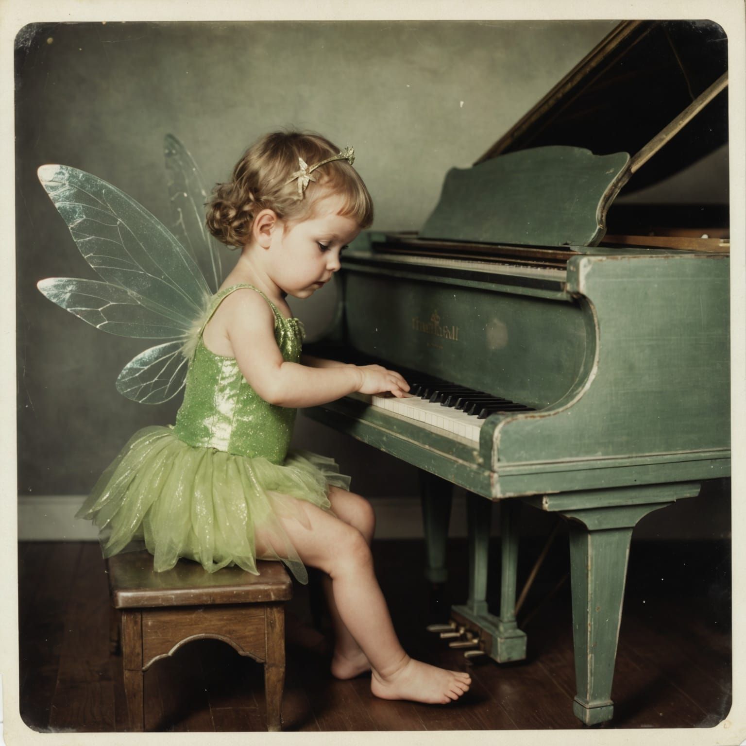 Nostalgic Polaroid of Tinkerbell Toddler at Piano