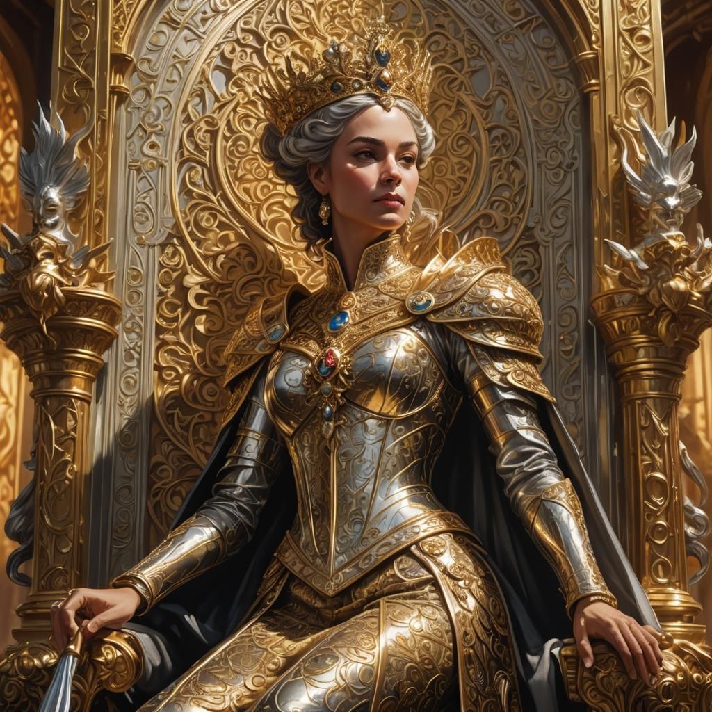 Regal Queen with Metallic Staff: Opulent Digital Painting